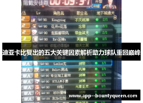 迪亚卡比复出的五大关键因素解析助力球队重回巅峰