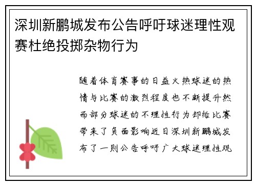 深圳新鹏城发布公告呼吁球迷理性观赛杜绝投掷杂物行为